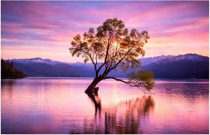 The Wānaka Tree at dusk on Lake Wānaka